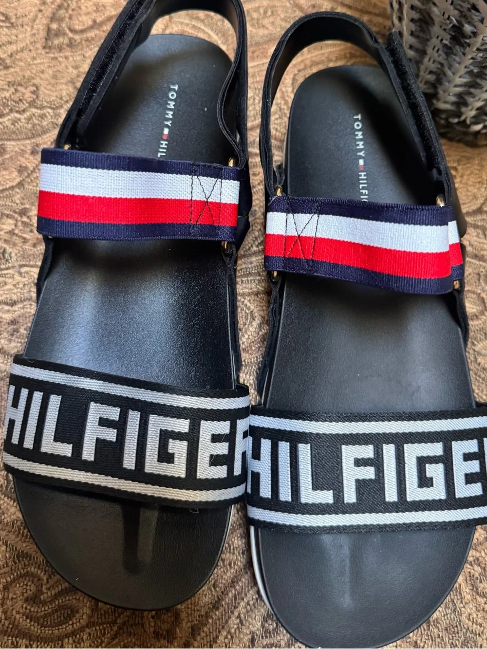 Tommy Hilfiger Black Sandals with Red White Blue Straps